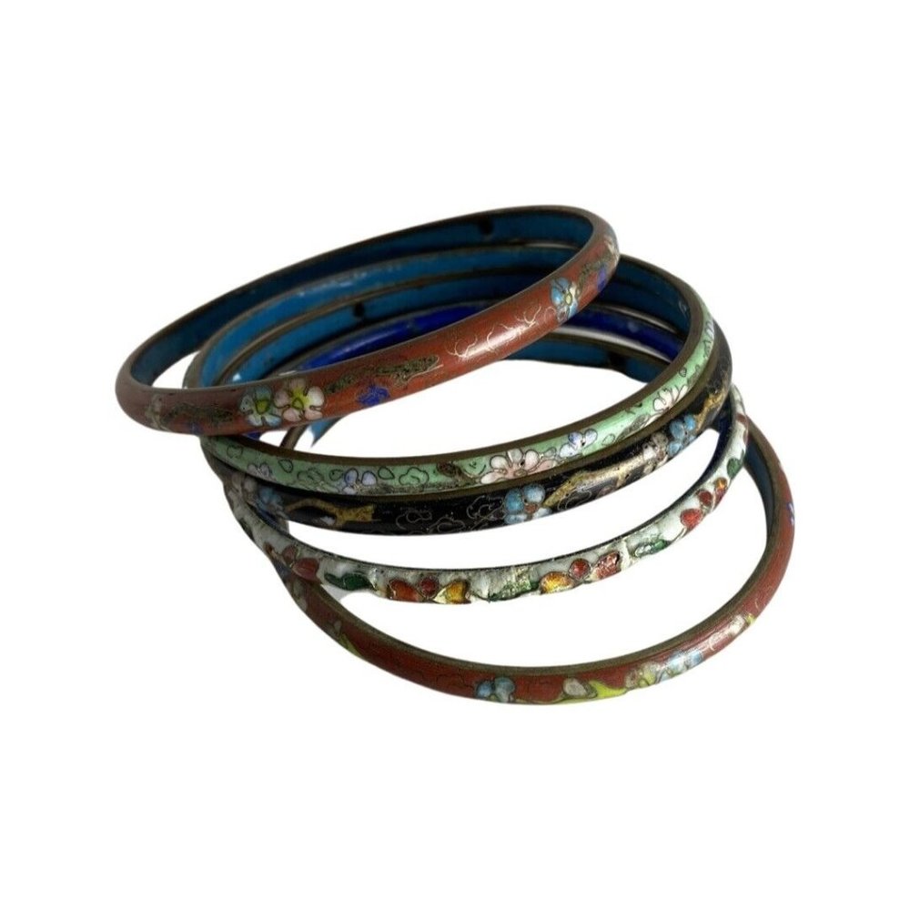 Set of 5 Floral Enamel Cloisonné Bangle Bracelets Estate Jewelry
